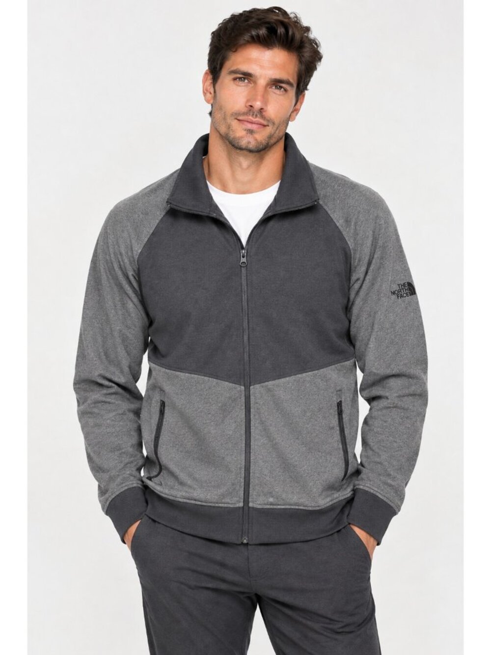 The North Face Light Dark Gray Colorblock Full Zip Tech Fleece Jacket Sz XL